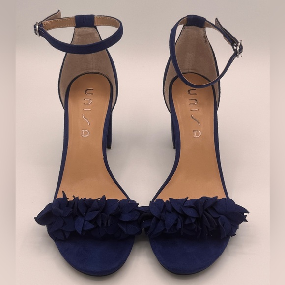 Unisa Shoes - Unisa Royal Blue Suede Block Heels with Floral Toe Detail